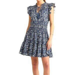 Ralph Lauren Navy Smocked Tasseled Tie Waist Tiered Floral Sleeve Dress Sz 14